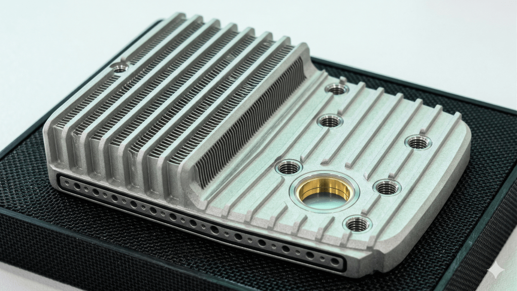 一個金屬散熱器,表面有多條散熱片和圓形孔,背景為黑色垫子。